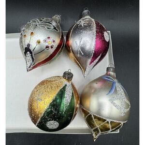 4 1930 Christmas Tear Drop Ornaments Mercury Glass Micah Highly Detailed Poland